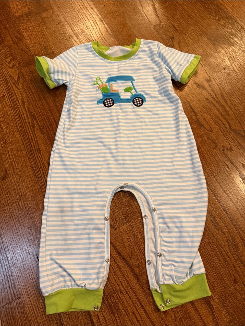 Baby One-Piece Romper with Blue Stripes and Green Trim